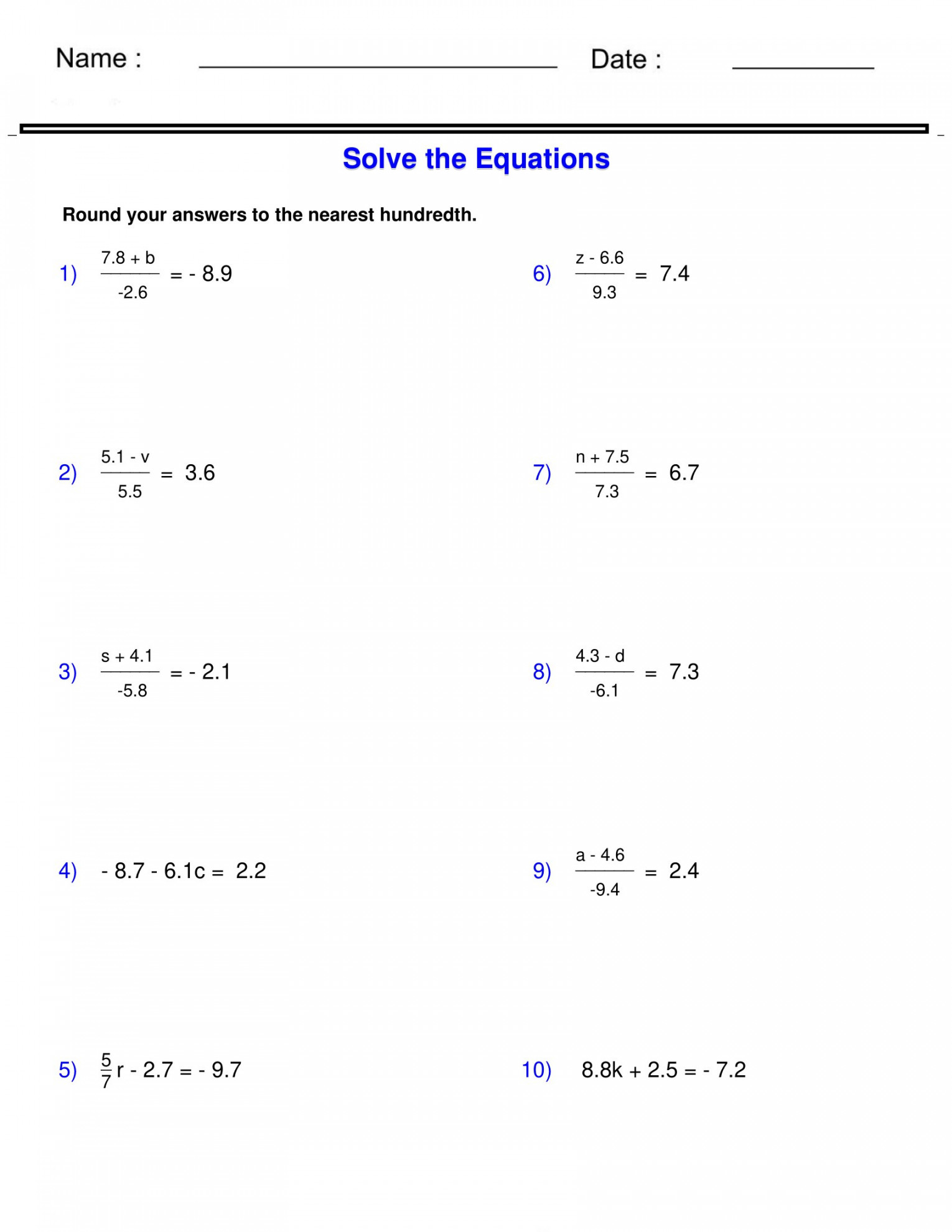 Pre-Algebra - Equations - Two Step Equations Containing Decimals Worksheets