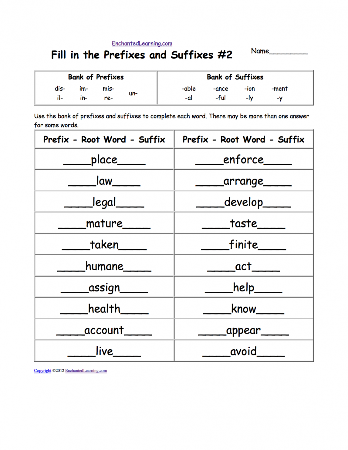 Prefixes and Suffixes: EnchantedLearning