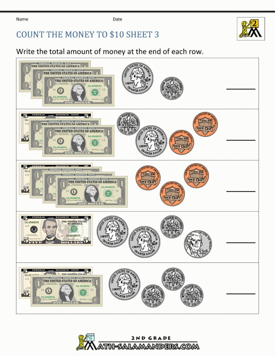 Printable Money Worksheets to $