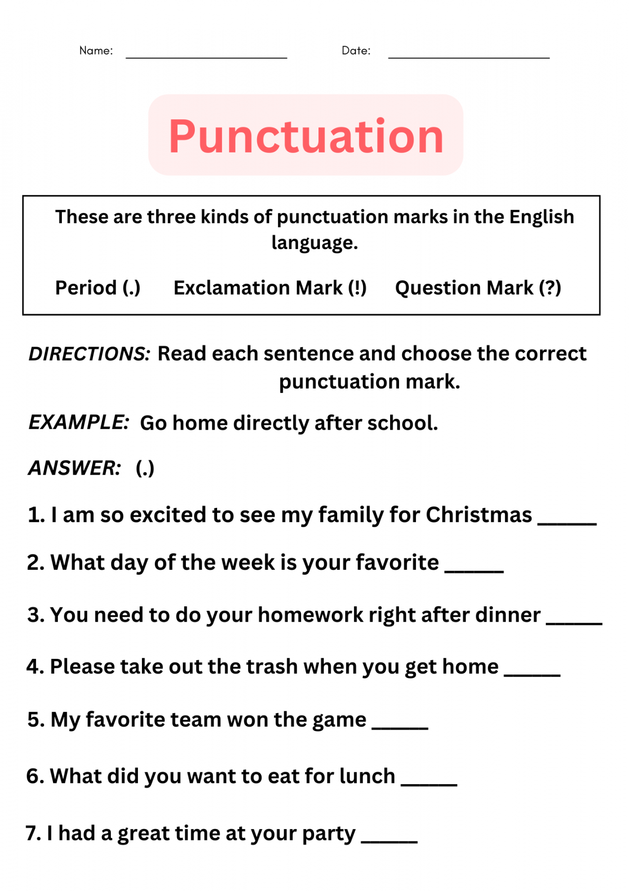 punctuation worksheets with answers for grade