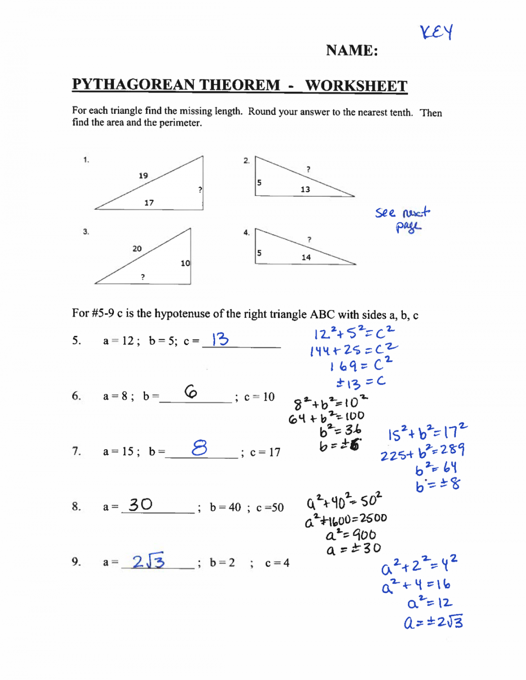 Pythagorean Theorem Worksheet answer KEY - Studocu