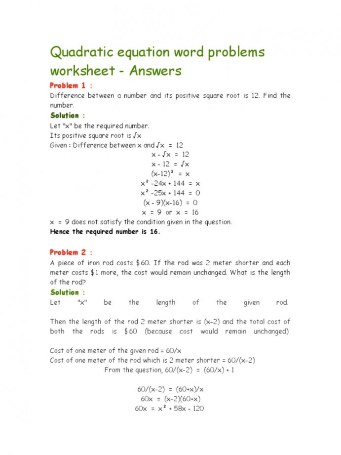 Quadratic Equation Word Problems Worksheet  PDF  Triangle