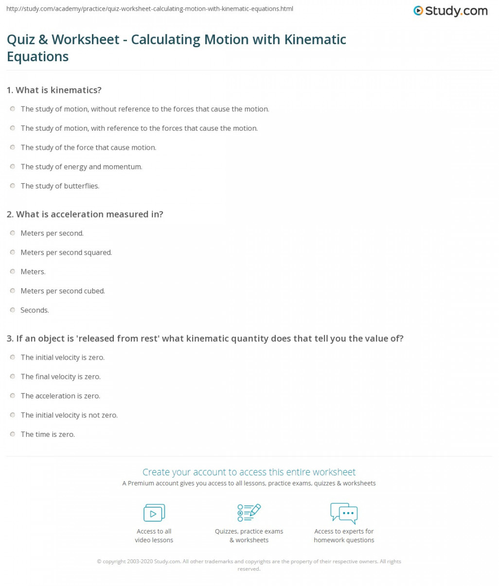 Quiz & Worksheet - Calculating Motion with Kinematic Equations