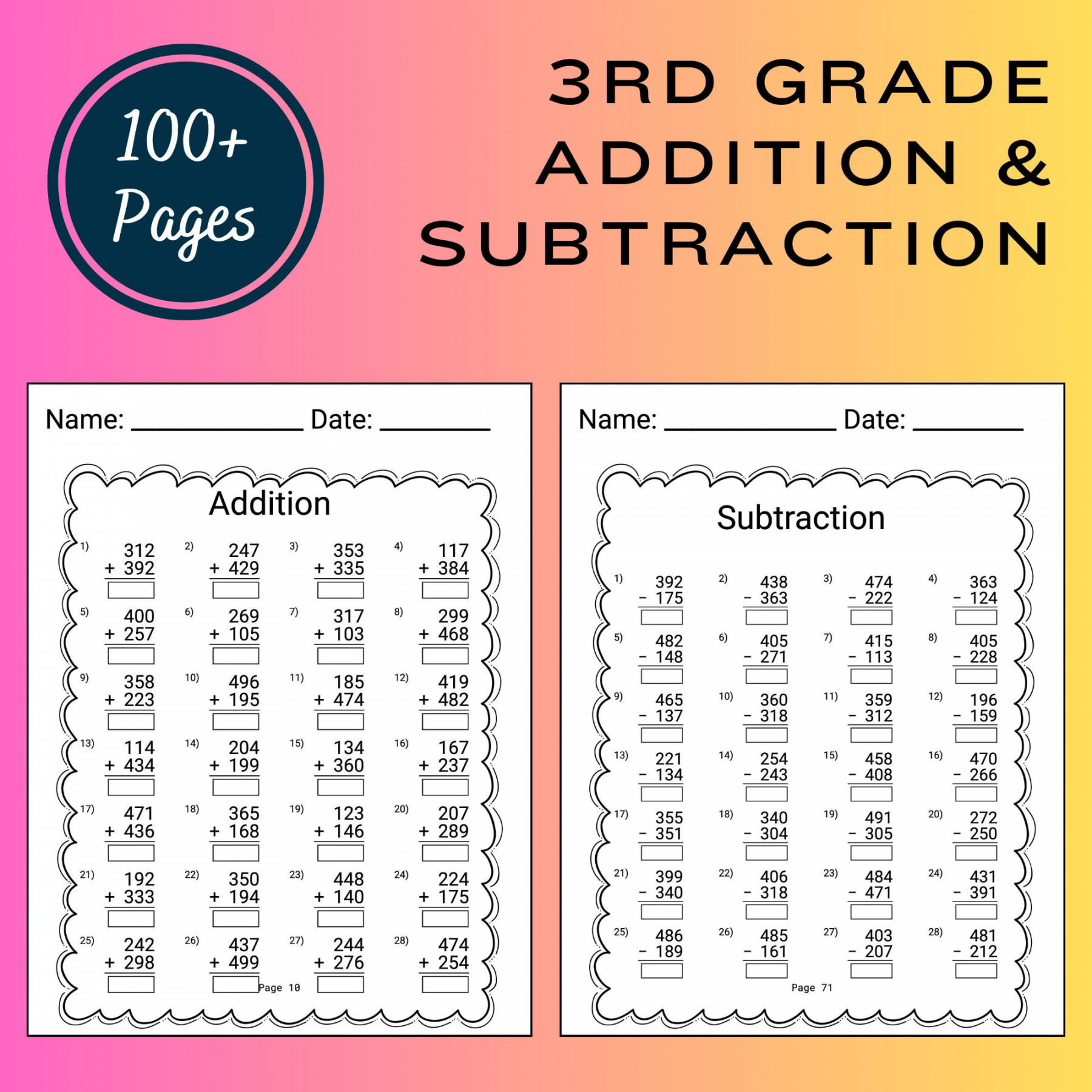 rd Grade Math Worksheet Printable Addition Subtraction - Etsy