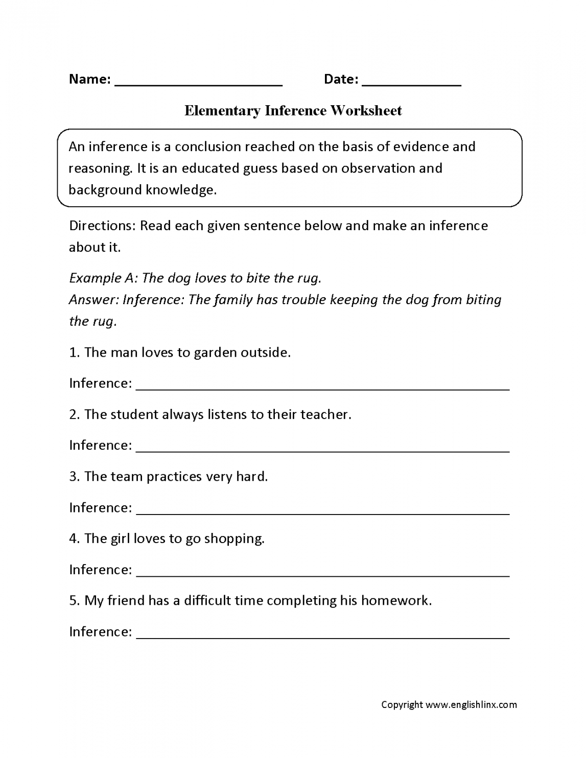 Reading Worksheets  Inference Worksheets