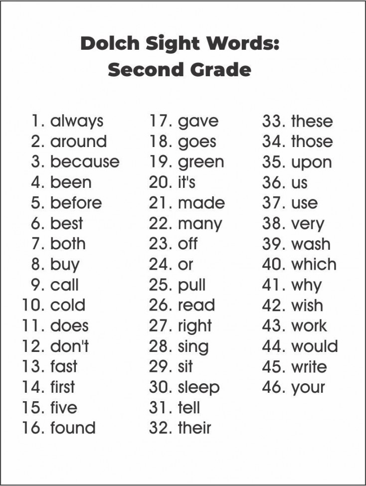 second grade dolch sight word list second grade sight words
