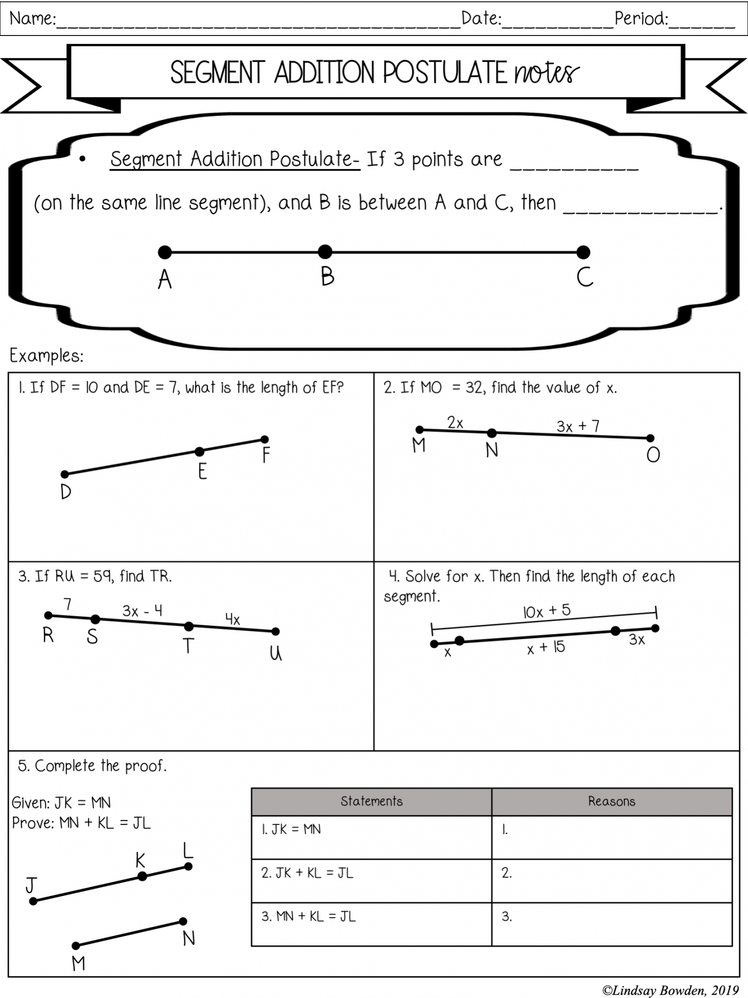 Segment and Angle Addition Postulate Notes and Worksheets