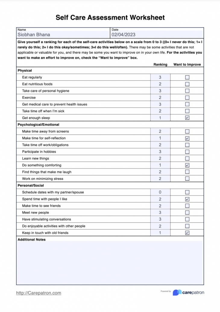 Self Care Assessment Worksheet & Example  Free PDF Download