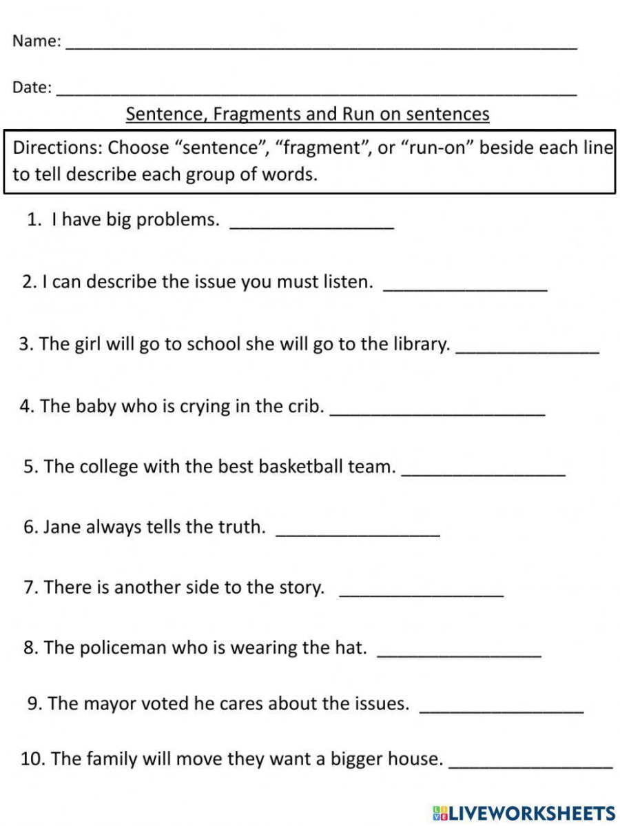 Sentences, Fragments and Run-on sentences worksheet  Live Worksheets