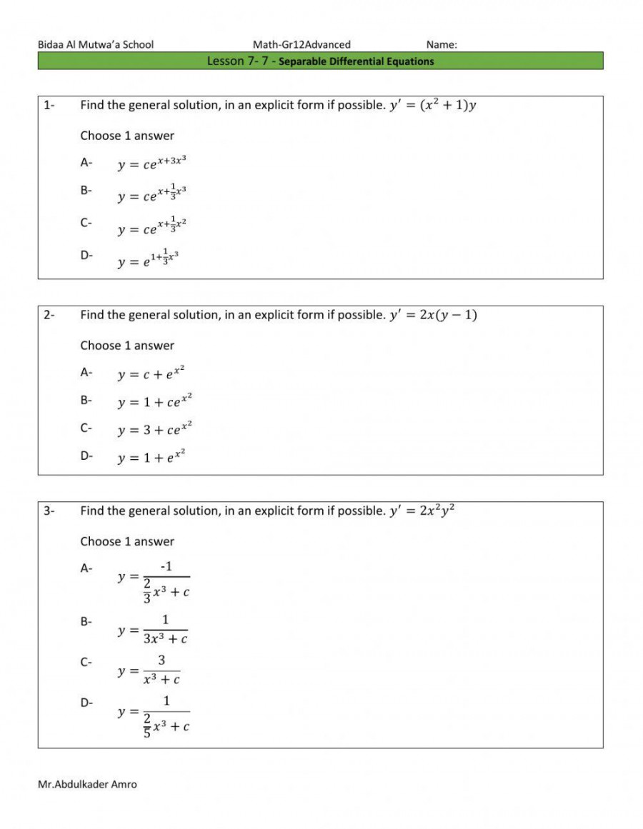Separable Differential Equations - worksheet  Live Worksheets