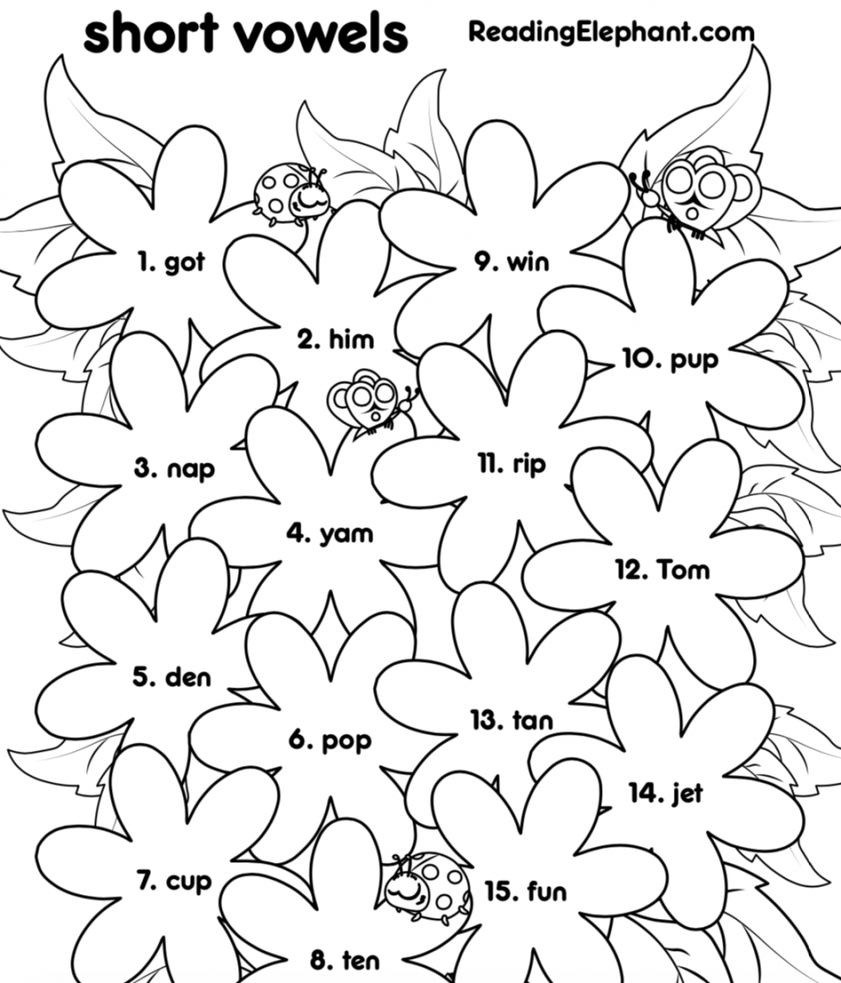 Short Vowel Worksheets for Kindergarten (Flowers pdf) - Reading