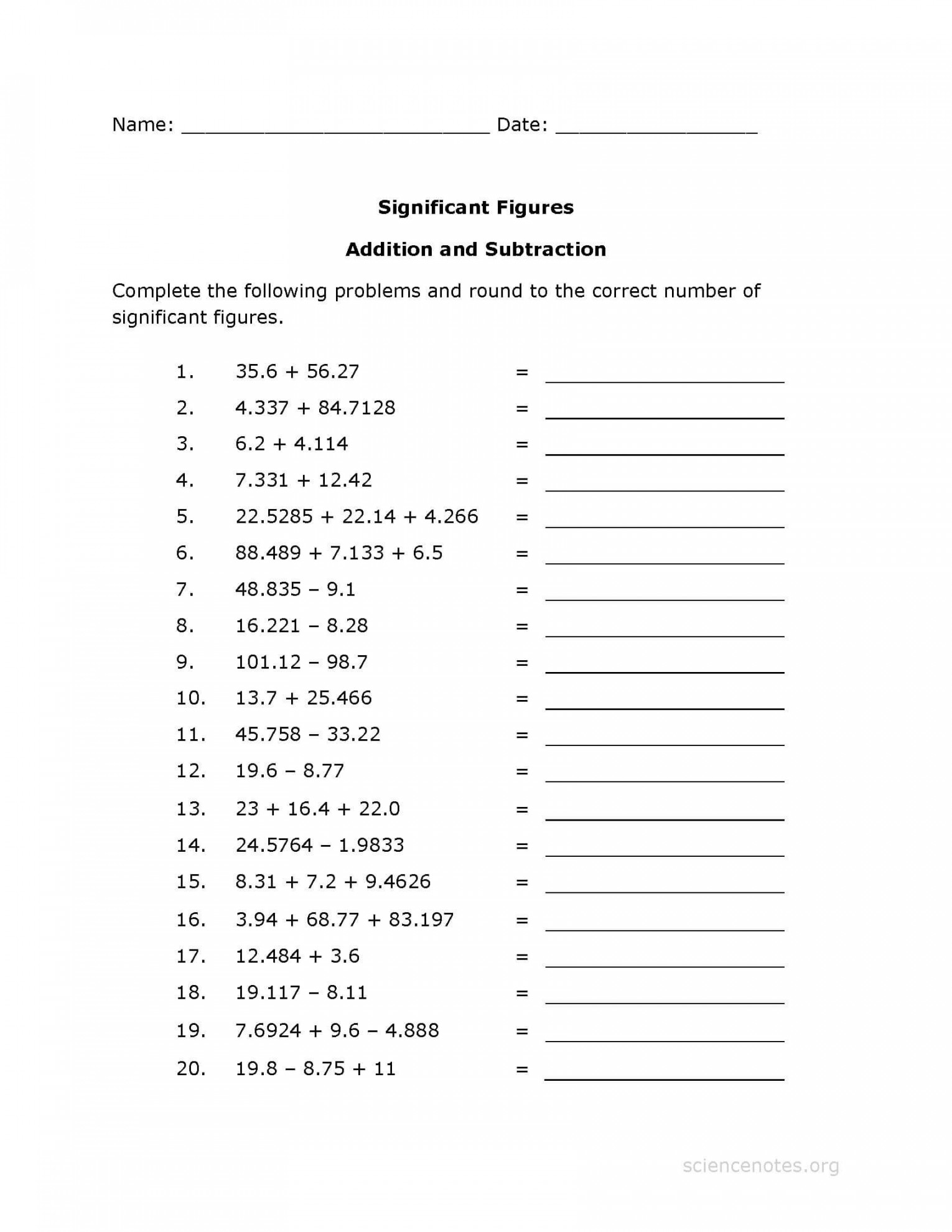 Significant Figures Worksheet PDF - Addition Practice