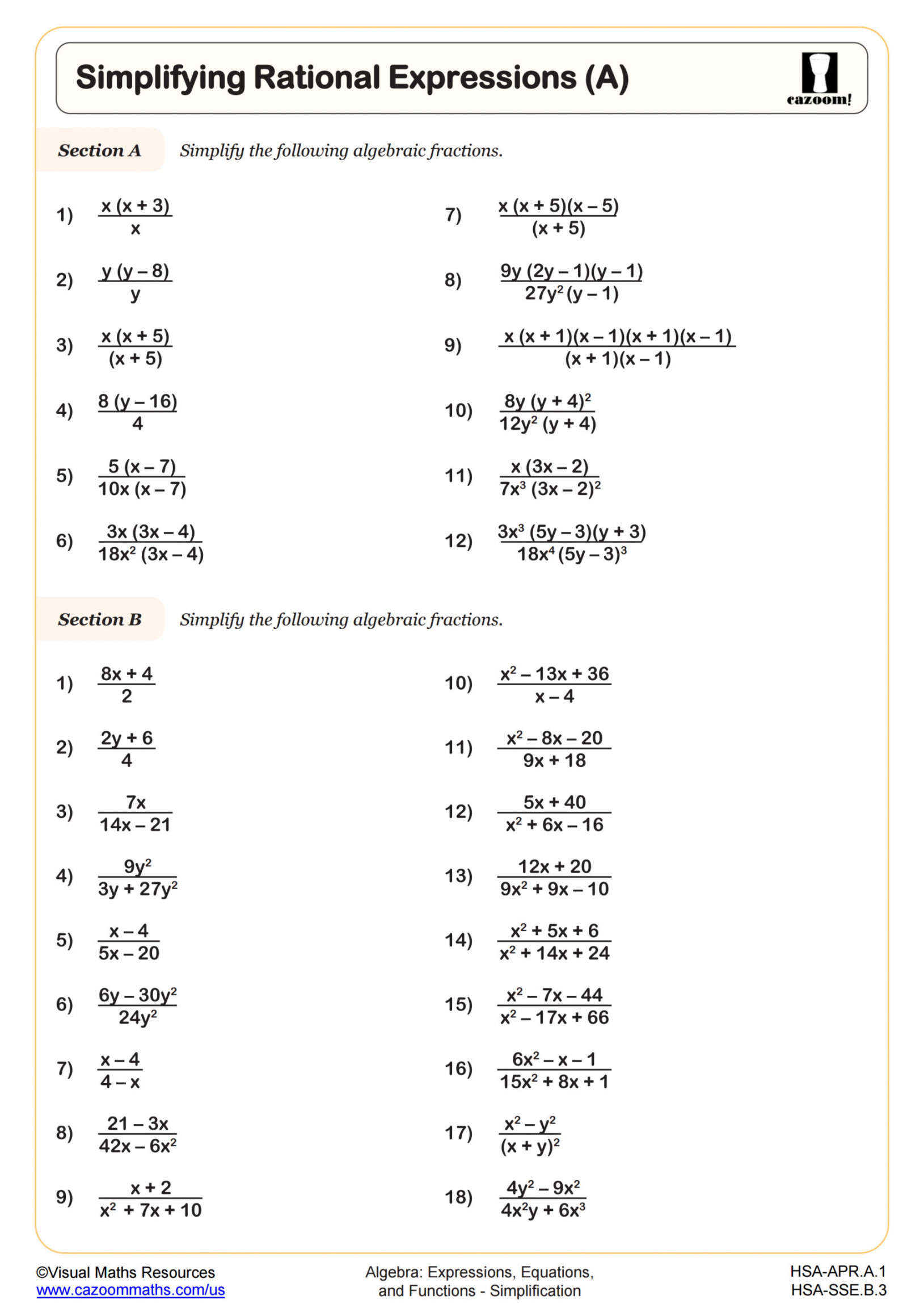 simplifying rational expressions a worksheet algebra ii pdf