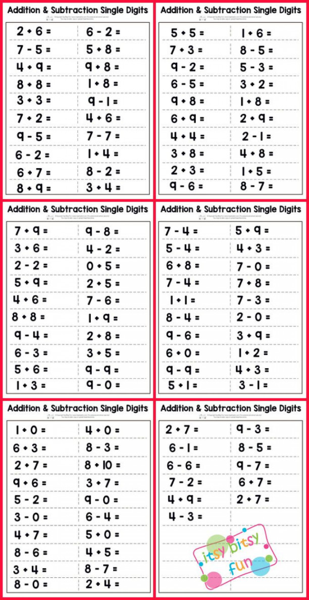 Single Digit Addition and Subtraction Worksheet in   Addition