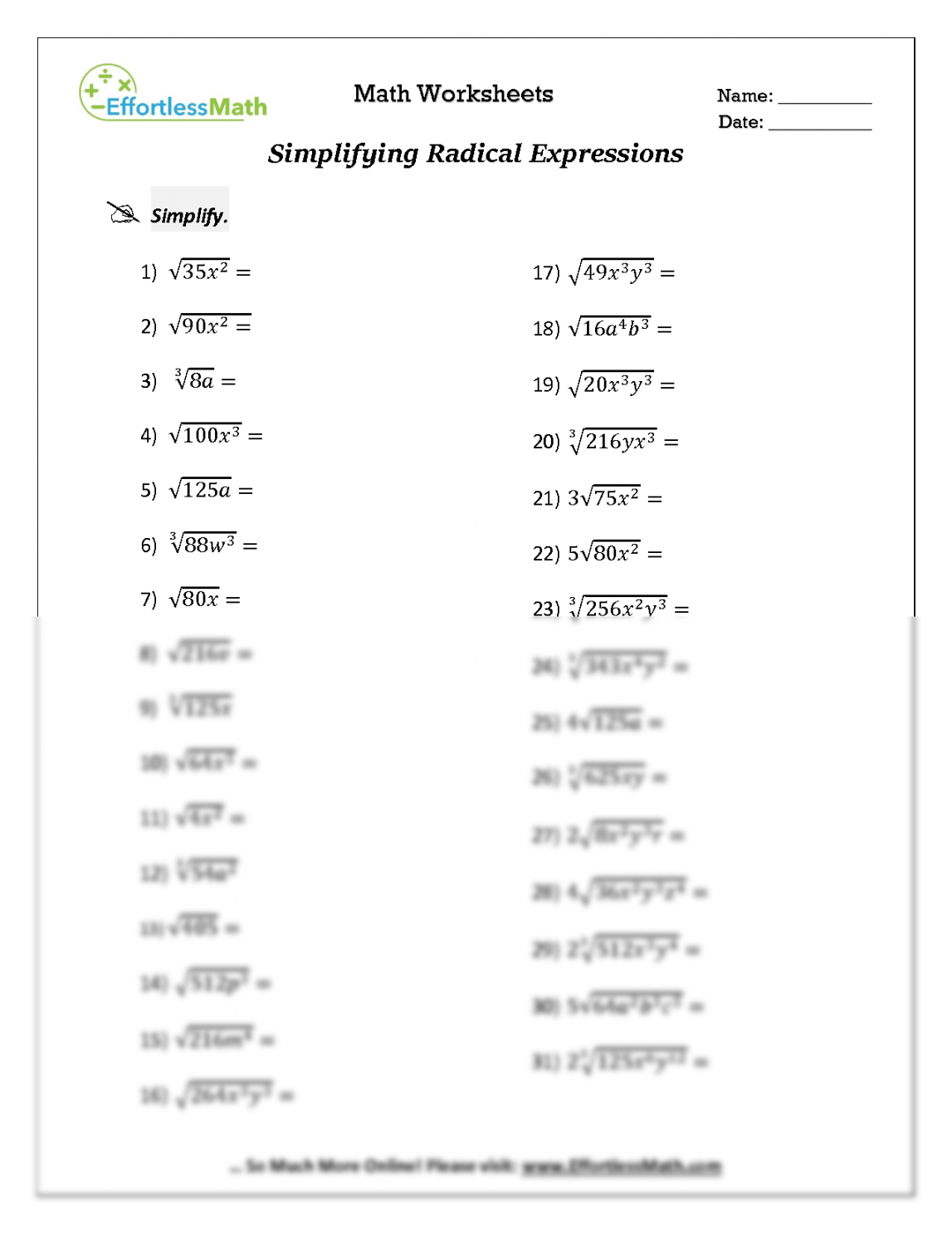 SOLUTION: Simplifying Radical Expressions Worksheet - Studypool