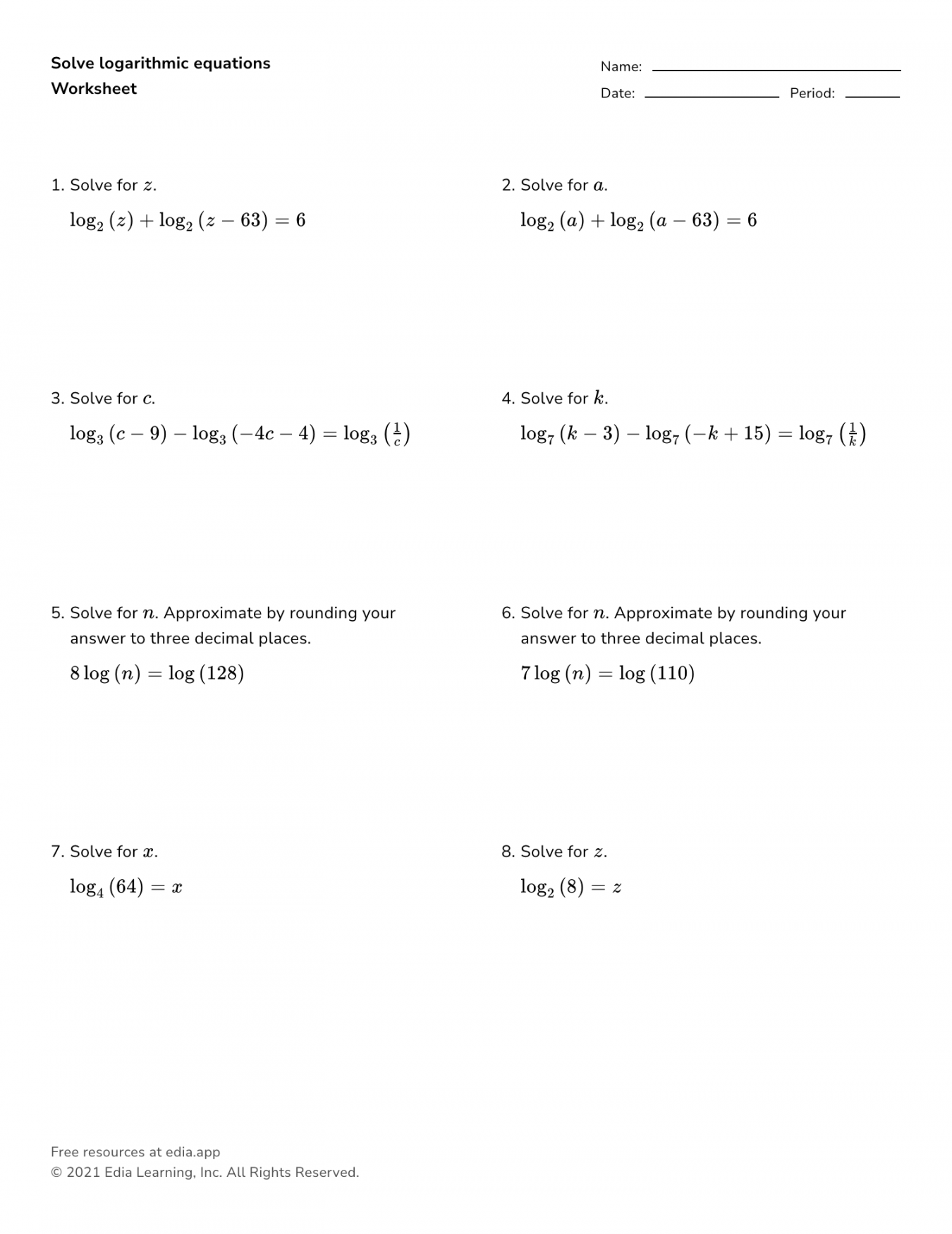 Solve Logarithmic Equations - Worksheet