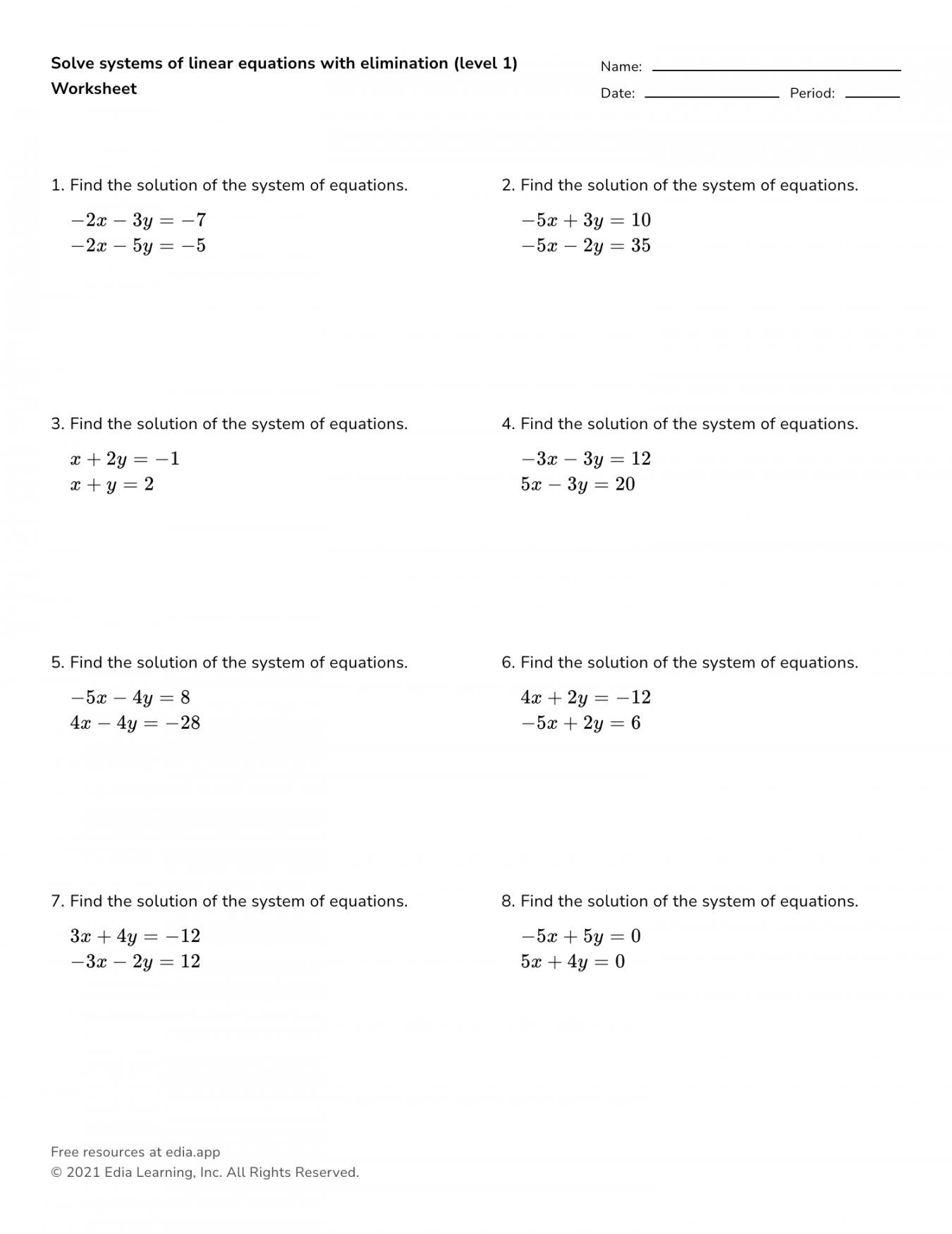 Solve Systems Of Linear Equations With Elimination (level