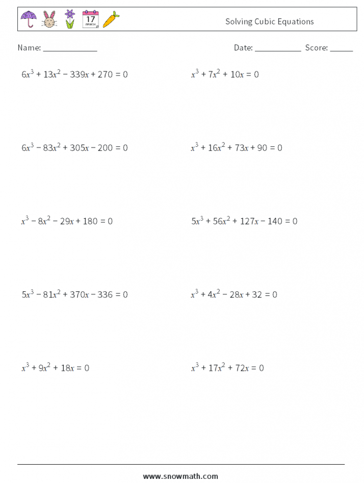 solving cubic equations Math Worksheets, Math Practice for Kids.