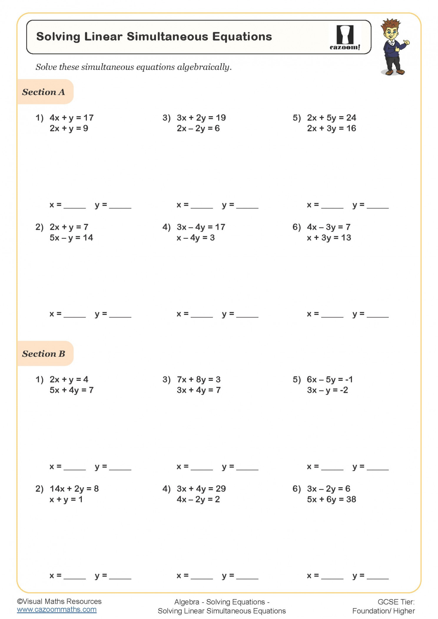 Solving Linear Simultaneous Equations Worksheet  Printable Maths