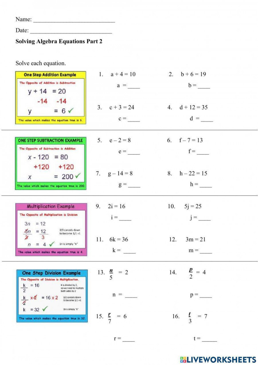 solving one step equations worksheet live worksheets