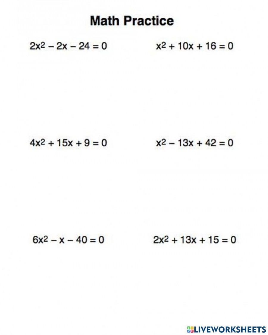 Solving Quadratic Equations by Factoring worksheet  Live Worksheets