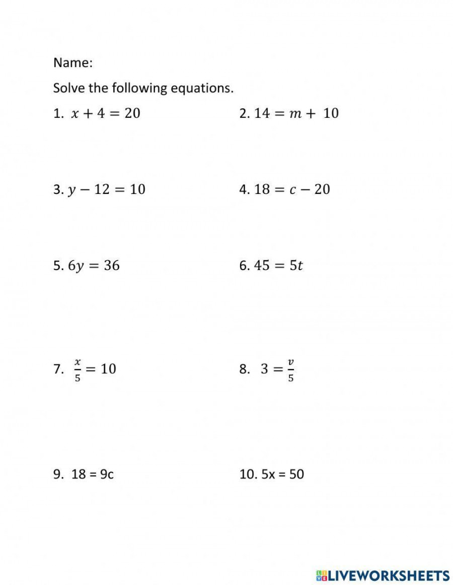 Solving Basic Equations Worksheet