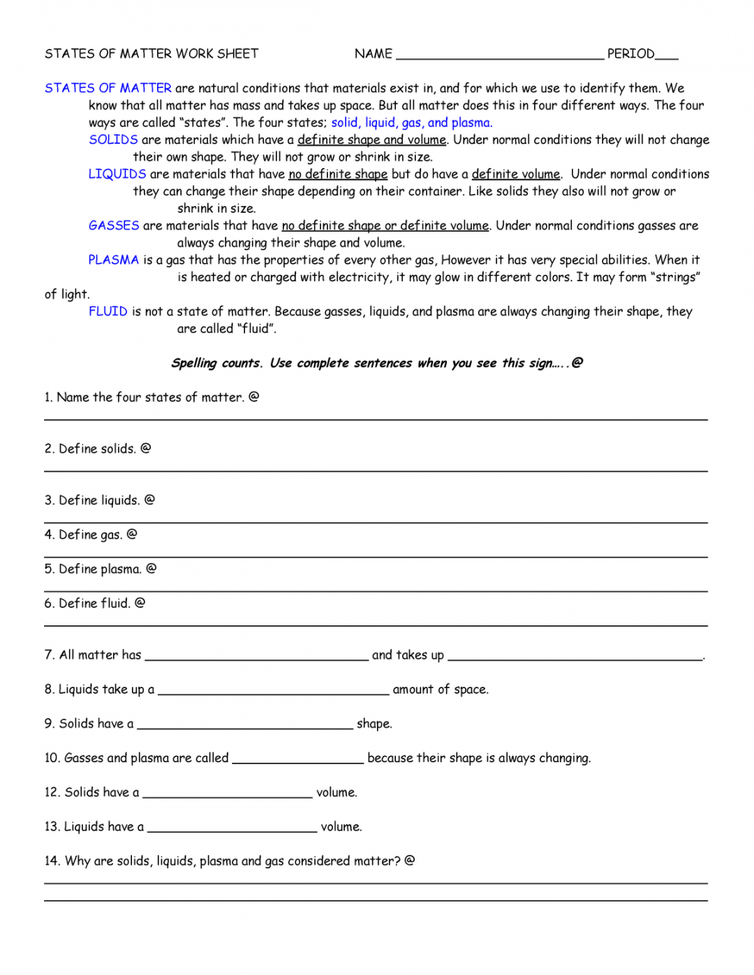 States of matter worksheet - STATES OF MATTER WORK SHEET NAME