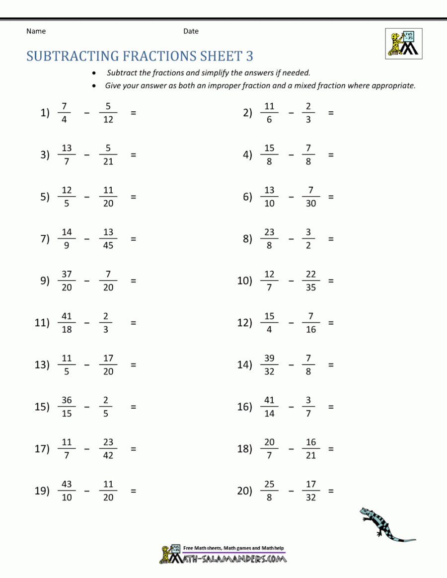 Subtracting Fractions Worksheets