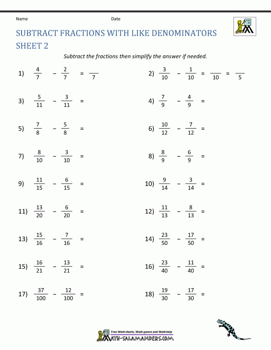 Subtracting Fractions Worksheets