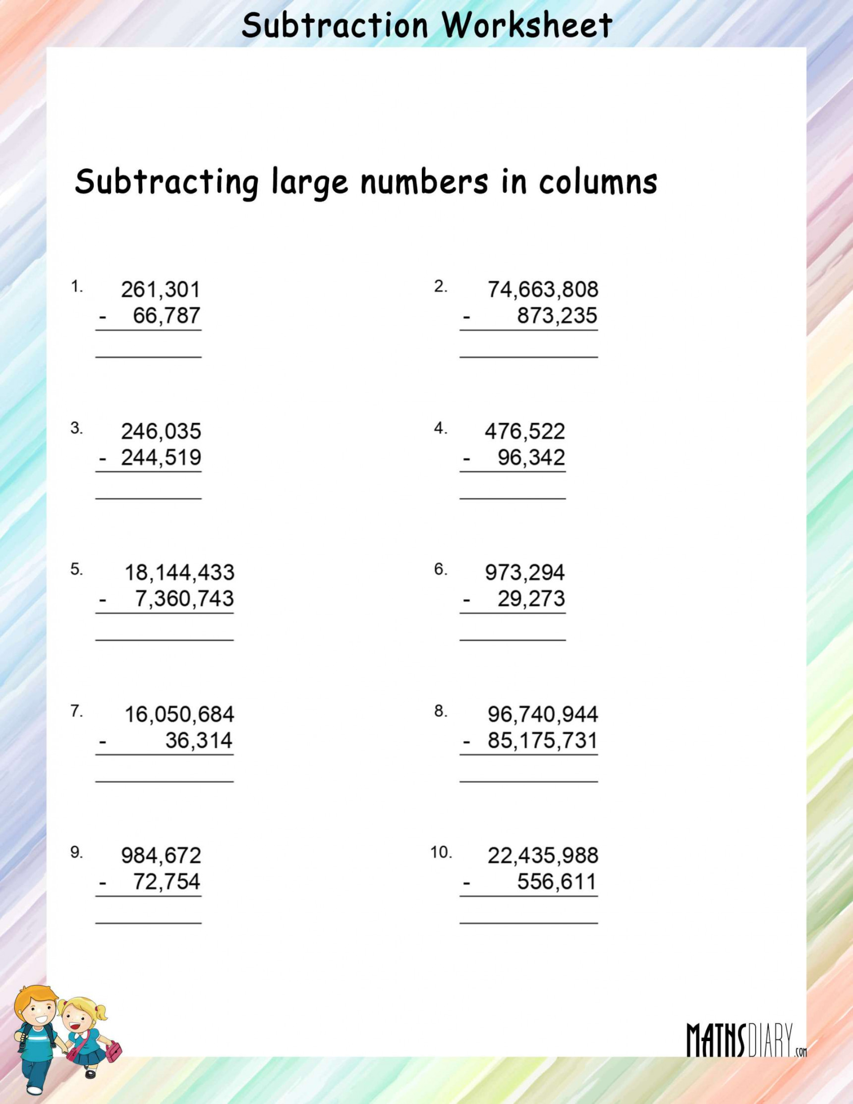 Subtracting Large Numbers - Math Worksheets - MathsDiary