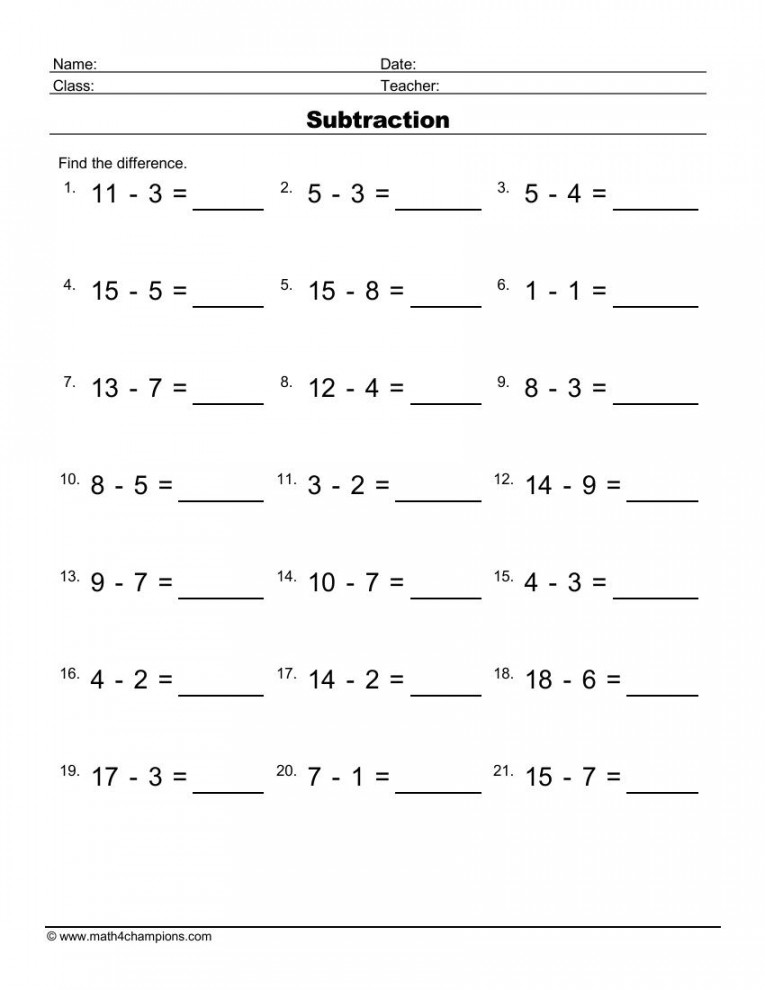 Subtraction Math Worksheets pdf printable  Math Champions