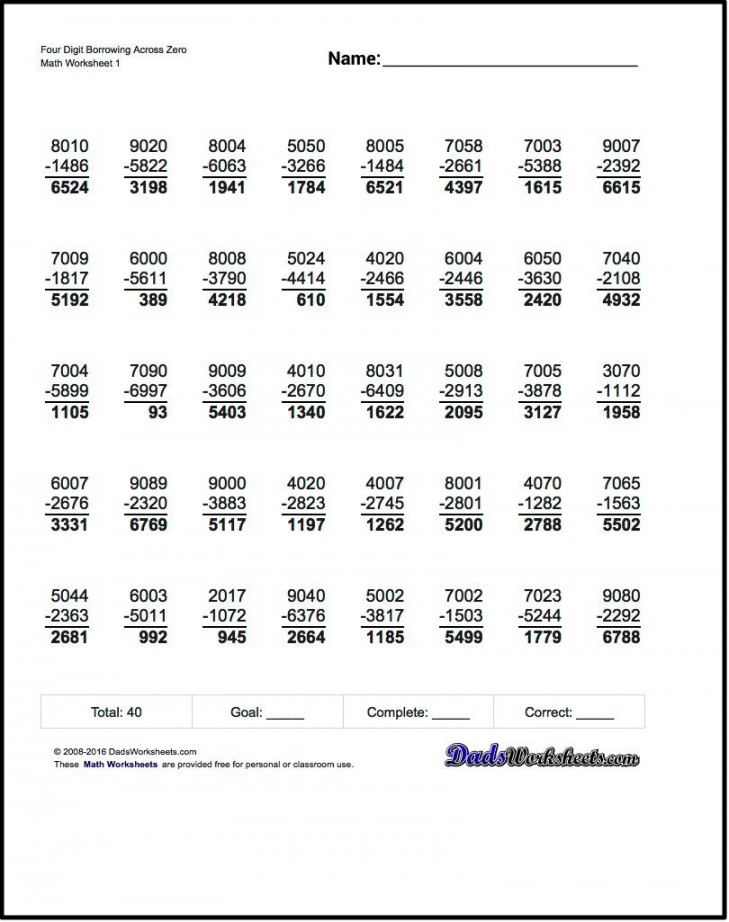 Subtraction Worksheets for Four Digit Borrowing Across Zero