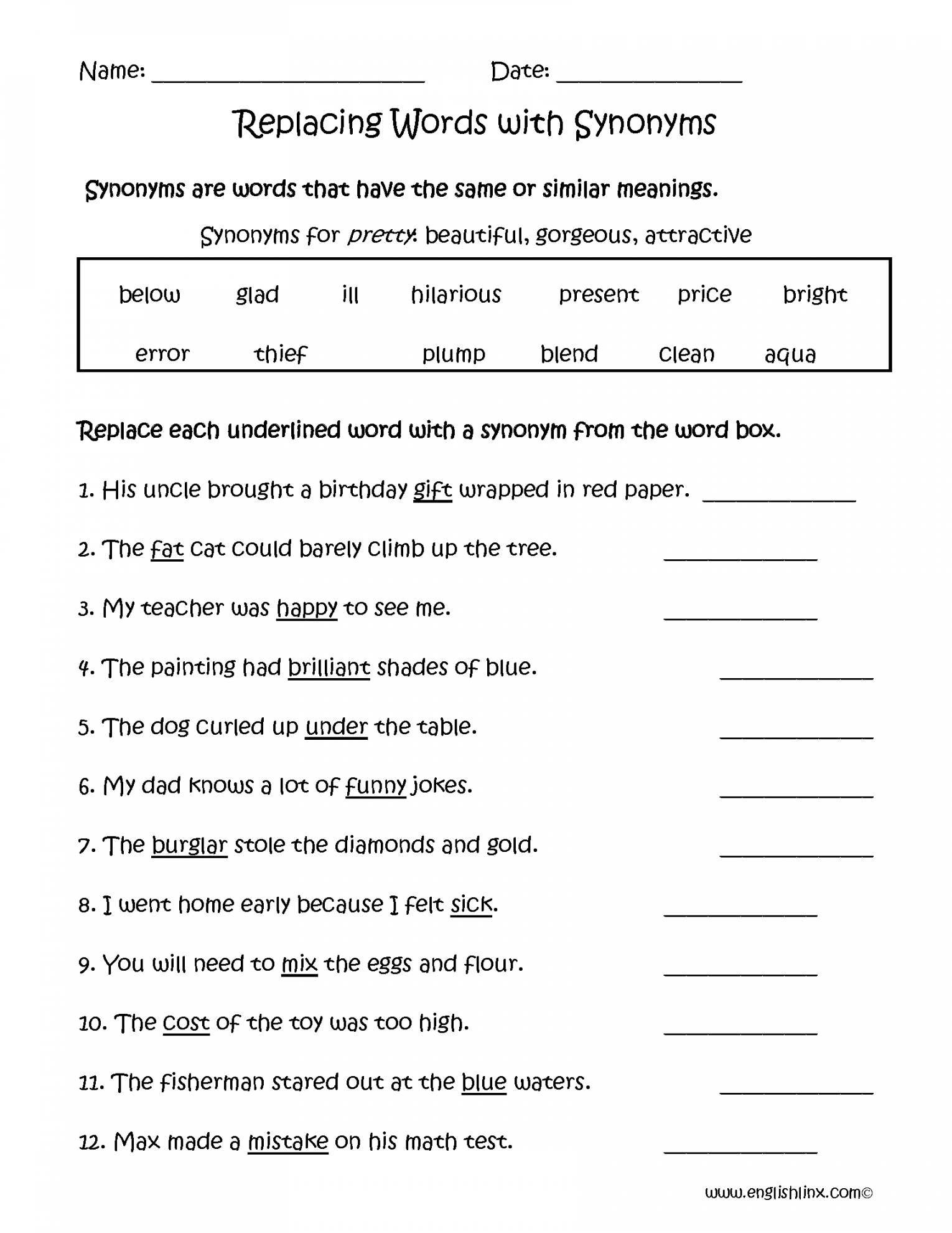 Synonyms Worksheets  Replacing Words with Synonyms Worksheets