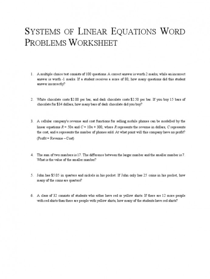 Systems of Linear Equations Word Problems Worksheet  PDF