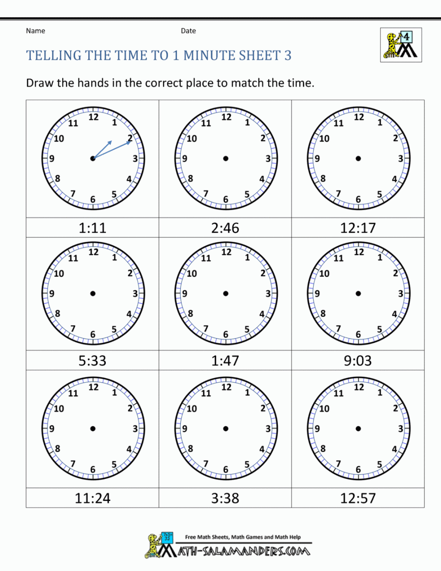 Telling Time Worksheets Grade  to the nearest minute