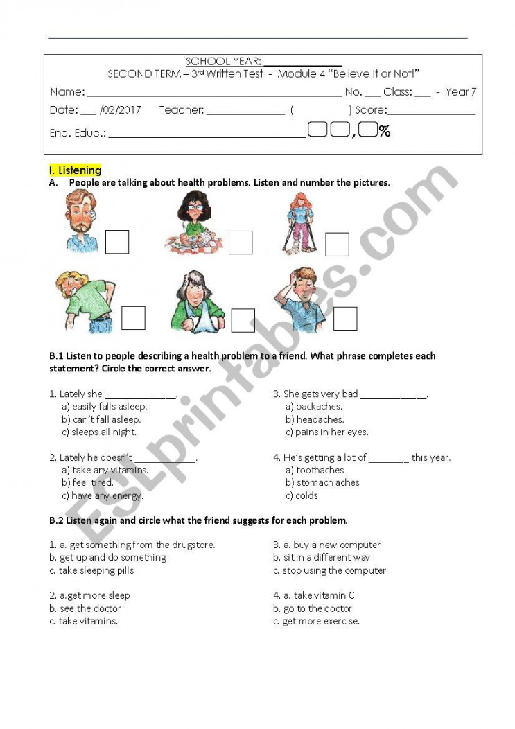 Test Health Problems / th grade - ESL worksheet by mmsilva