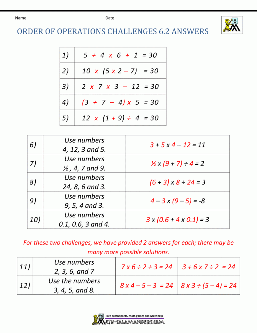 th grade order of operations worksheets 0