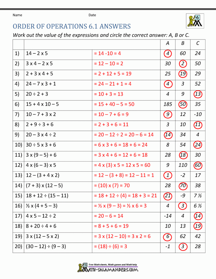 th Grade Order of Operations Worksheets