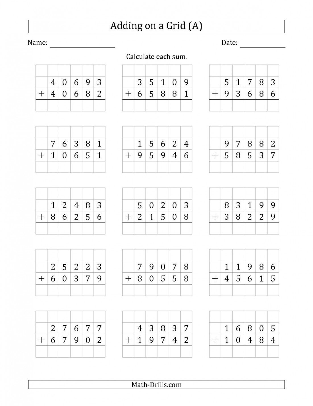 the adding digit plus digit numbers on a grid a math