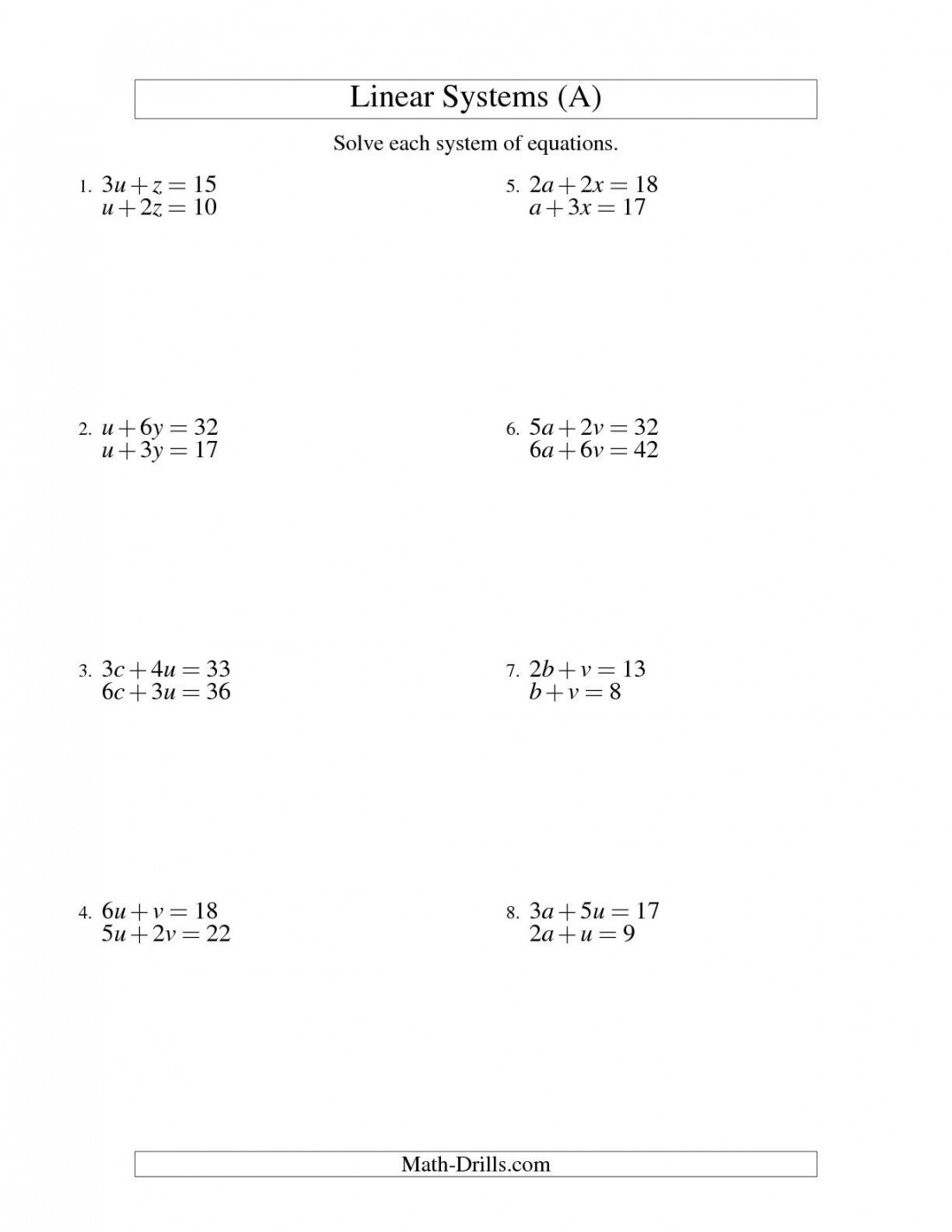 The Systems of Linear Equations -- Two Variables (A) math