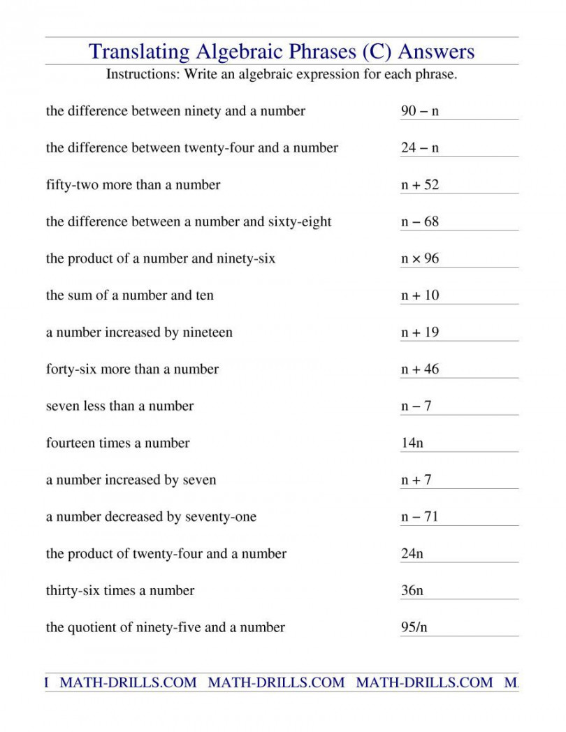 the translating algebraic phrases c math worksheet page