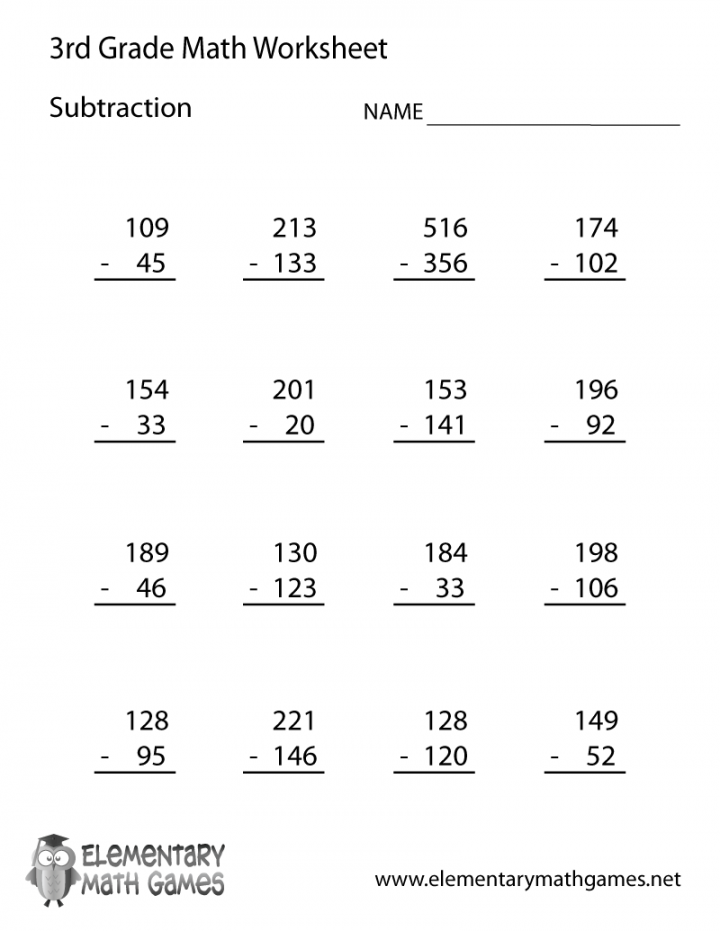 Third Grade Subtraction Worksheet Printable  rd grade math