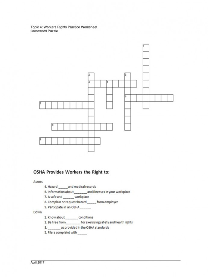 Topic : Workers Rights Practice Worksheet Crossword Puzzle: April