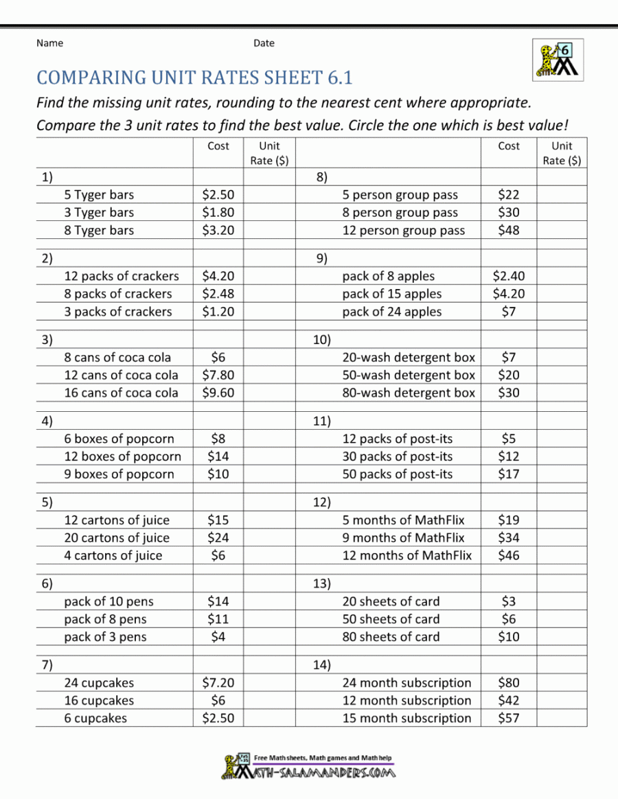 Unit Rate Problems th Grade