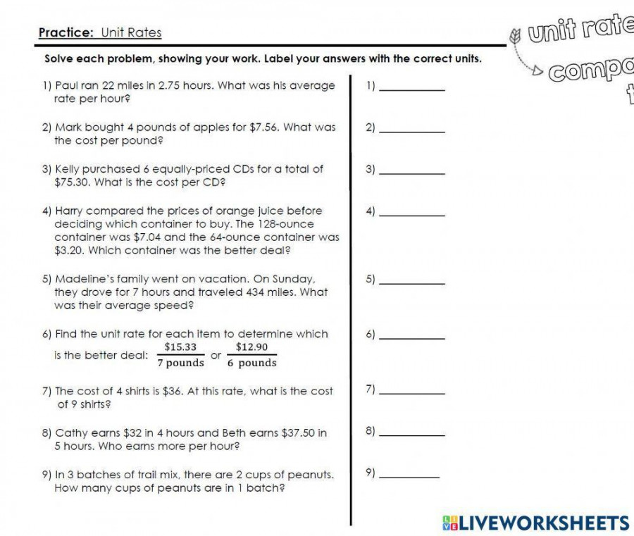 Unit Rates Practice worksheet  Live Worksheets