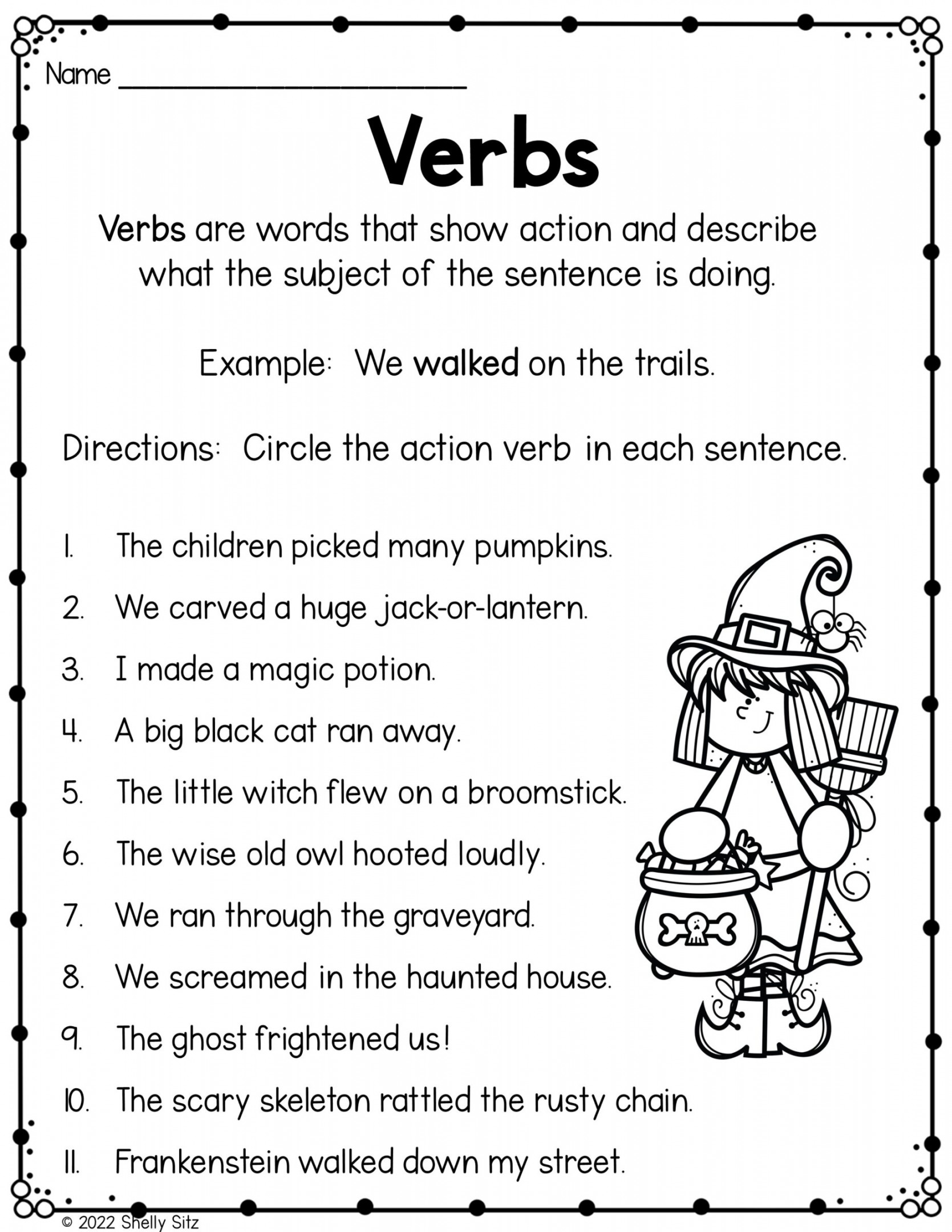 Verbs Worksheet Using Halloween Sentences - Smiling and Shining in