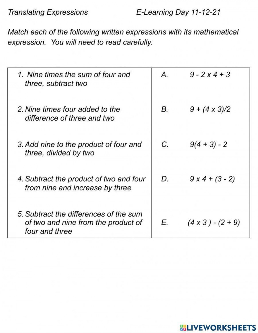 Word & Numerical Expressions worksheet  Live Worksheets