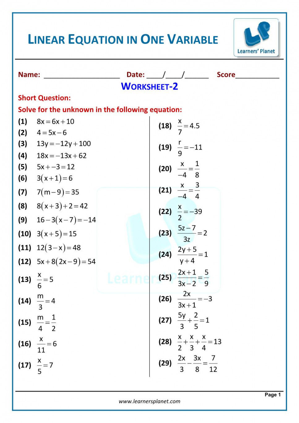 Worksheet for linear equations in one variable class  maths