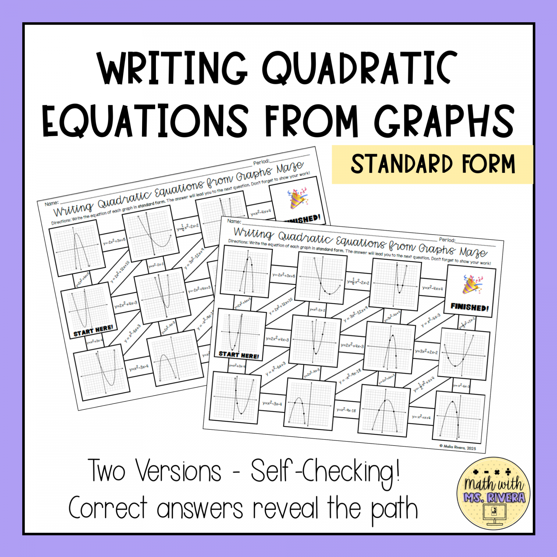 Writing Quadratic Equations from Graphs in Standard Form Maze Worksheet