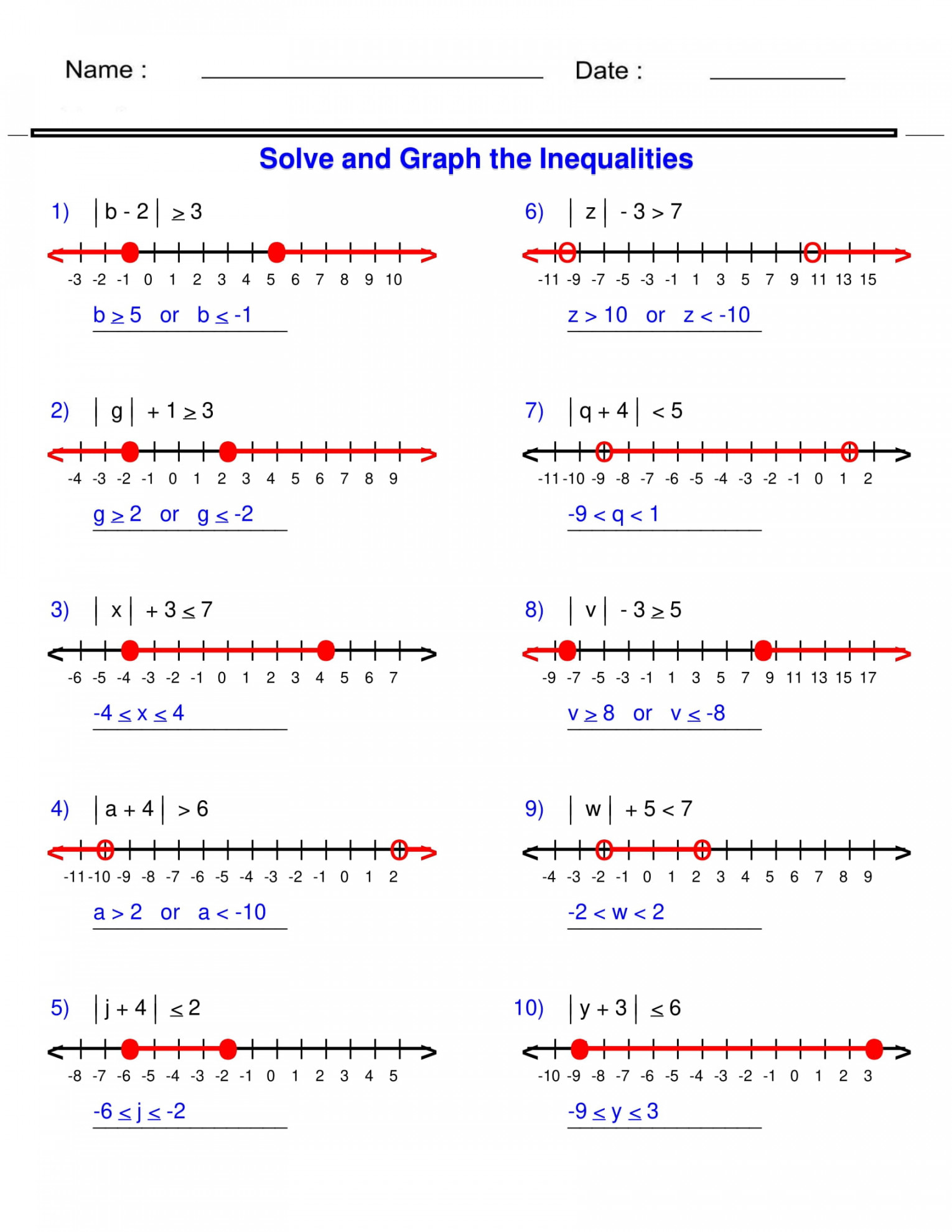 Absolute Value Inequalities - Algebra  - Inequalities Worksheets